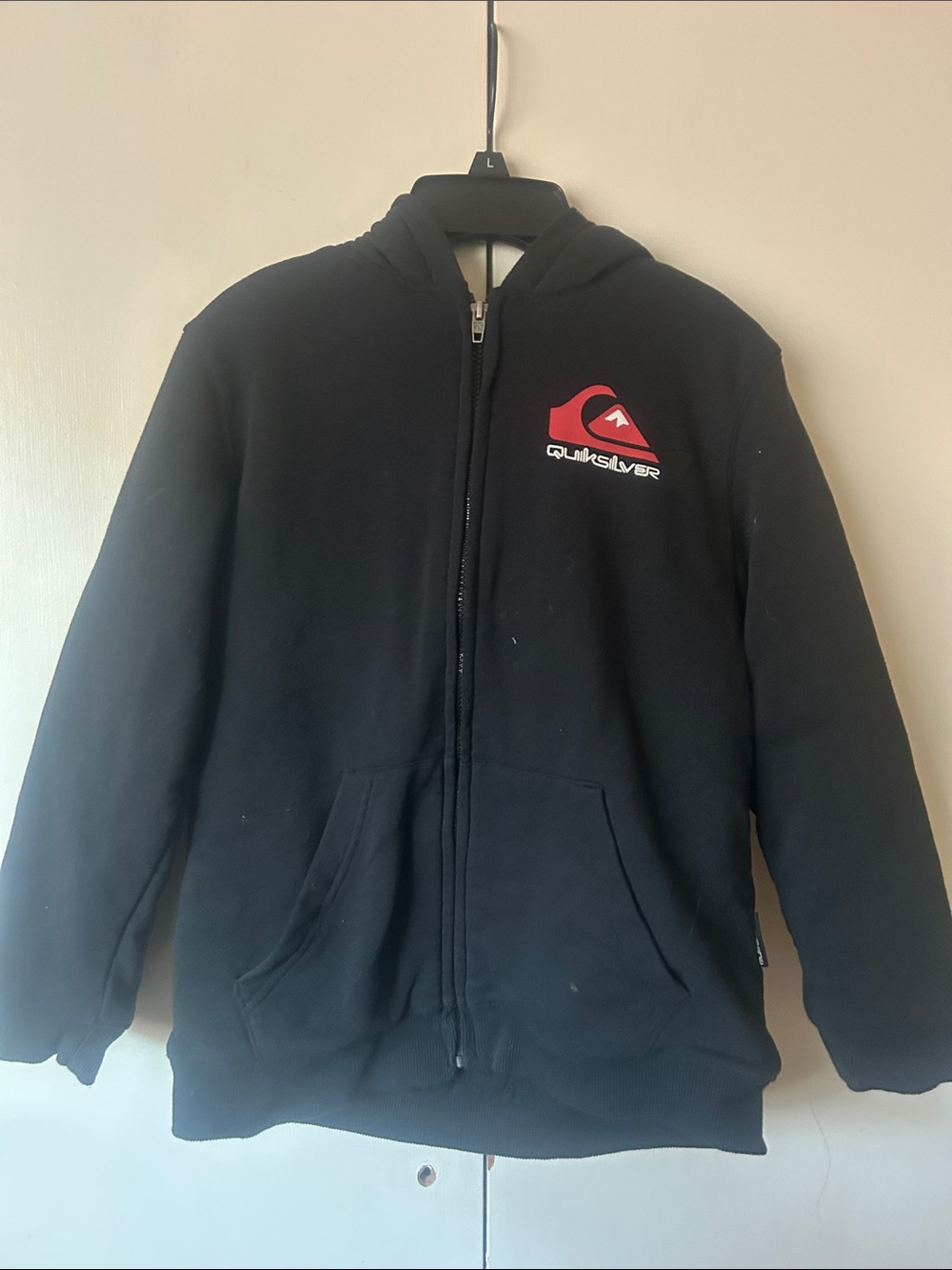 Quiksilver Kids Black Hooded Zip Jacket with Red Logo Patch